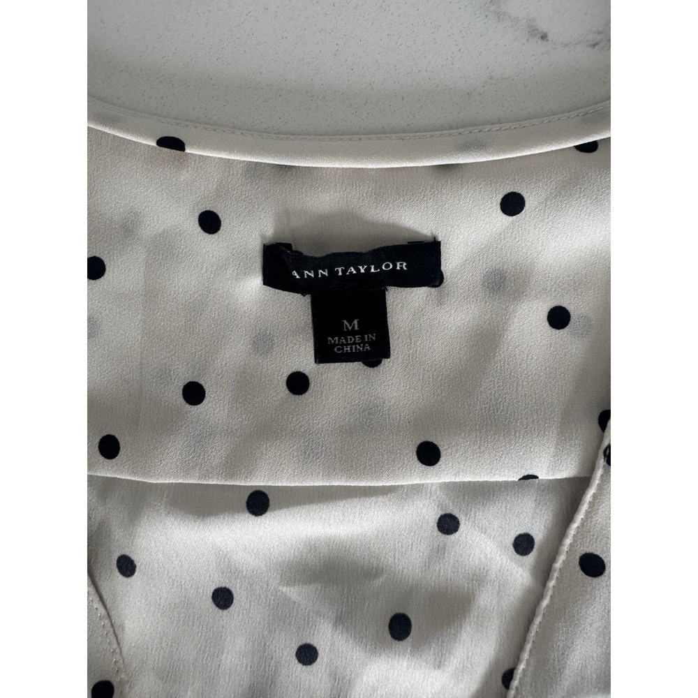 Ann Taylor Polka Dot Wrap Blouse Cream Black Long Sleeve V-Neck Medium - Picture 2 of 6